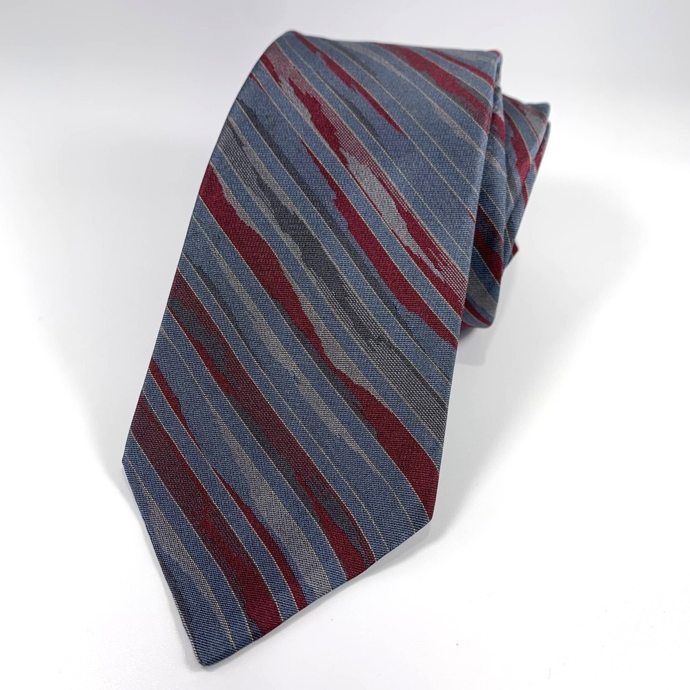 Vintage Christian Dior Mens Tie Gray Maroon Blue Striped Design 100% Silk